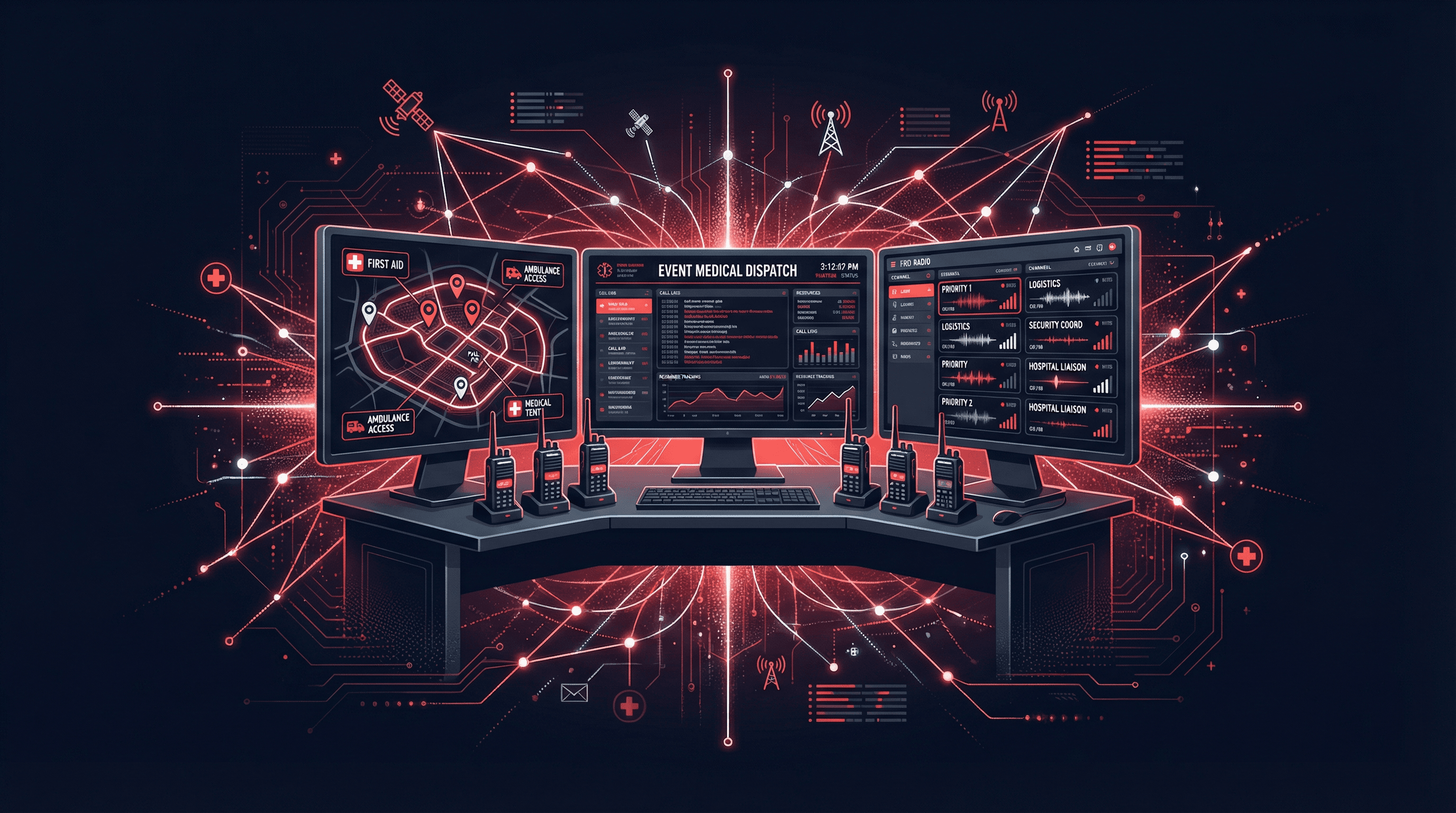 Communications command post with screens and radios