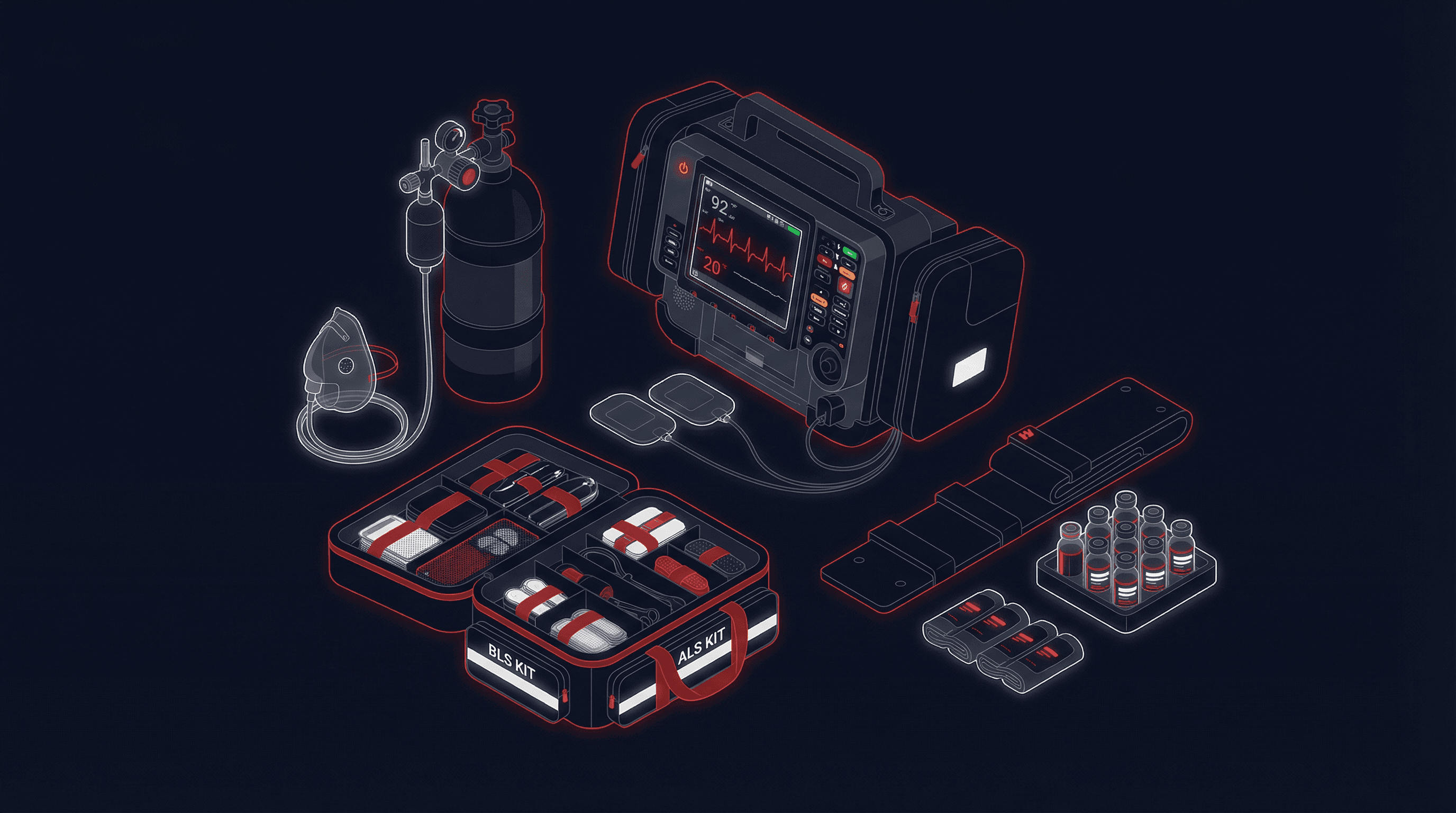 Advanced medical equipment and supply kits laid out