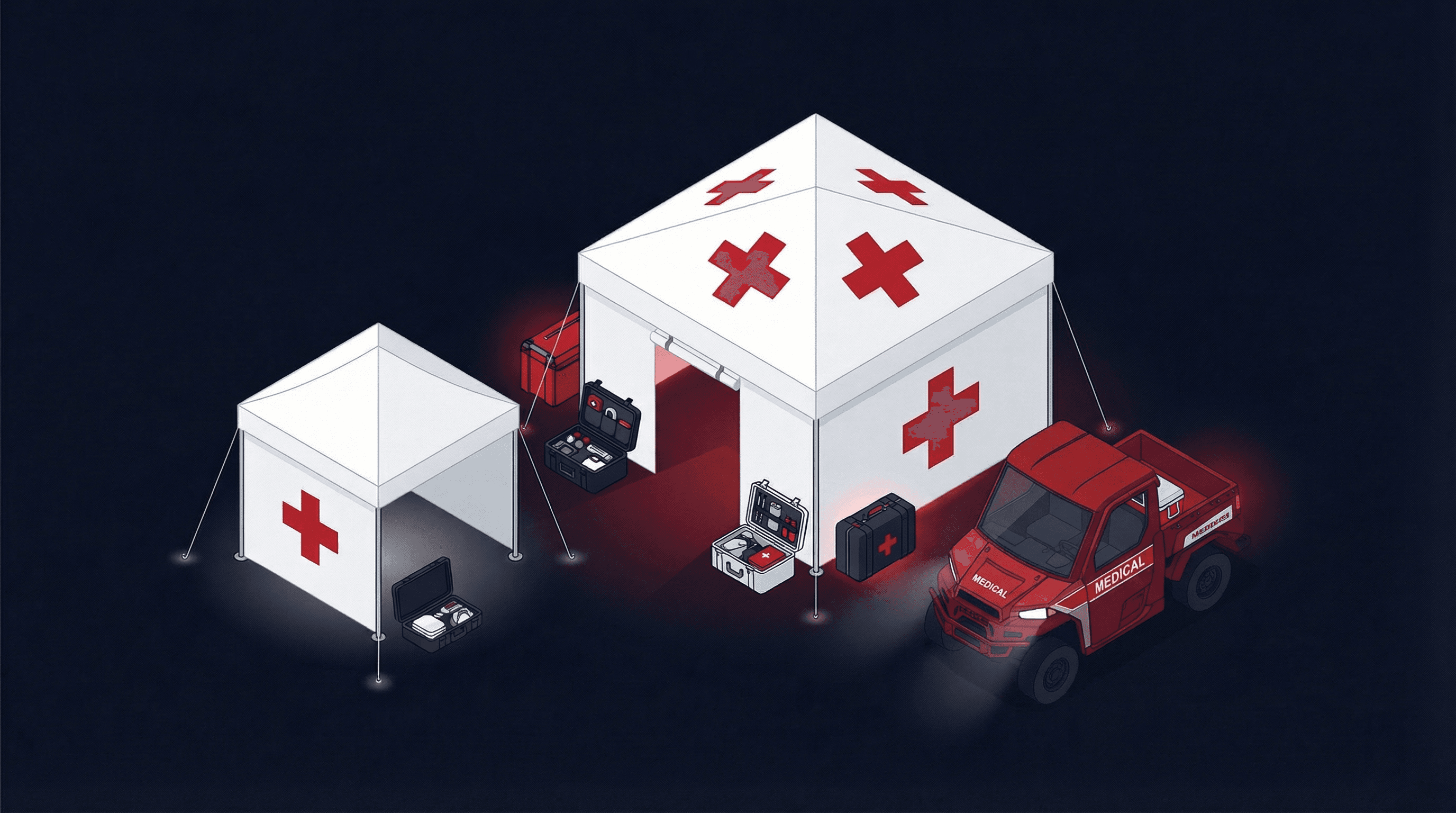 Medical tents, triage station, and utility vehicle at an event